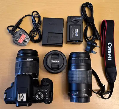 Canon EOS DSLR Kit with 18-55mm + 75-300mm/50mm Lenses and Chargers