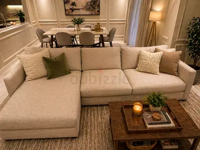 CrateBarrel Lounge Deep L shLight Beige L-Shaped Fabric Sofa with Left Chaise - Comfortable, Modern