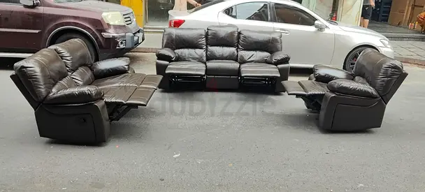 Dark Brown Leather 5-Seater Recliner Sofa Set - Good Condition