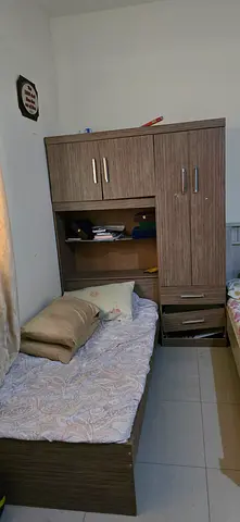 Single bed frame with attached wardrobe and storage