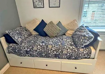 IKEA Hamnes Day bed with 3 storage drawers underneath and with 2 IKEA mattresses