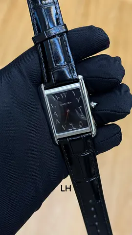 Cartier Tank Style Mens Watch — Black Dial, Leather Strap