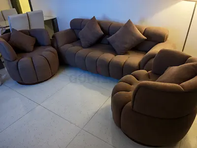 Brown 3-Seater Sofa with Two Matching Swivel Armchairs - Good Condition