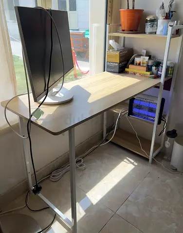 Slim light wood study desk with shelving - good condition