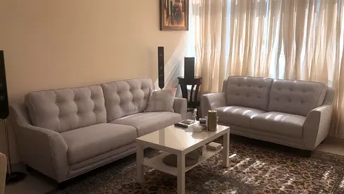 Light grey tufted 2-piece sofa set (3-seater + 2-seater) in good condition + Coffee table + decorati