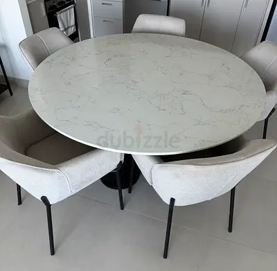 Round Dining Table (6-Seater) with Marble Top and 6 Chairs