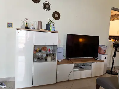 White gloss TV unit and matching display cabinet - good condition