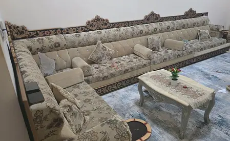 Large Traditional Majlis Seating Set - Beige Floral Upholstery