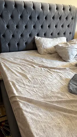 Grey tufted upholstered bed frame (double) - Good condition comes with mattress