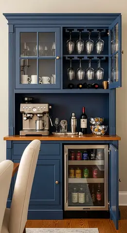 Blue Wooden Home Bar Cabinet with Glass Display and Mini Fridge