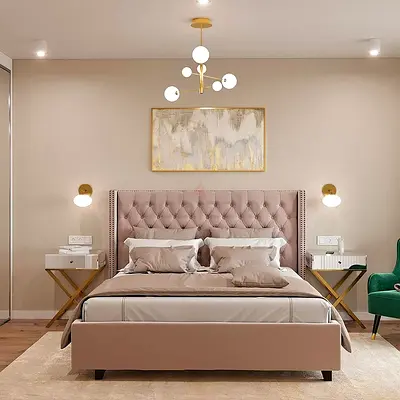 Upholstered Tufted Double Bed with Headboard - Blush Pink