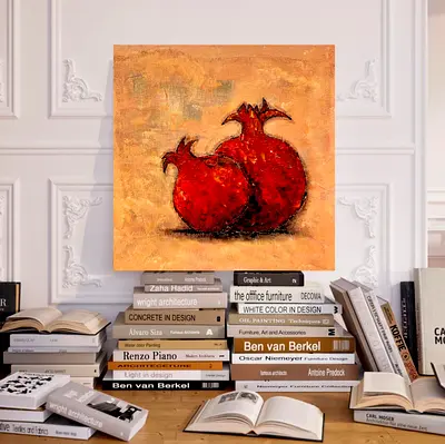 Original Pomegranate Still Life Painting — Textured Canvas Artwork 40x40cm
