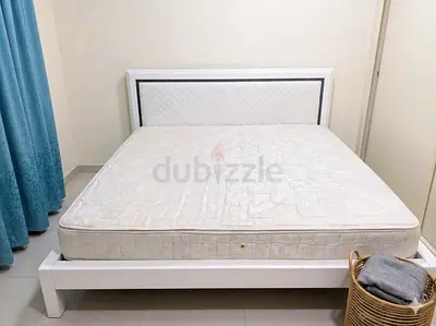 Used Queen Bed Frame with Mattress (stained) - White