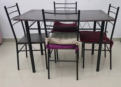 Metal Frame Dining Table with 4 Chairs - Dark Wood Top
