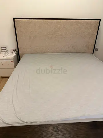 Queen size upholstered bed frame with headboard - light beige with mattress