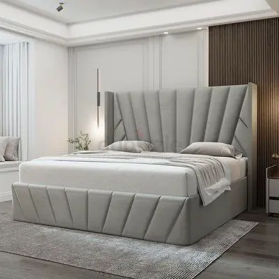 Upholstered King Bed with Tall Padded Headboard - Light Grey