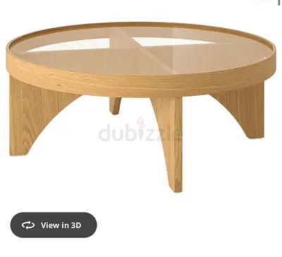 Round Oak Coffee Table with Glass Top and Cross Shelf