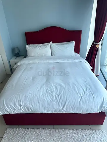 Queen Size Upholstered Bed Frame with Red Headboard (Good Condition)