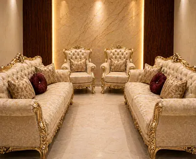 Classic Gold-Trim Sofa Set with Two Armchairs — Elegant Living Room Suite