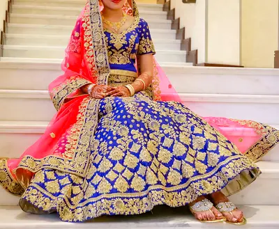 Blue Gold Embroidered Lehenga with Pink Dupatta - Maroon Gold Bridal Wear- Pink diamond work Bridal