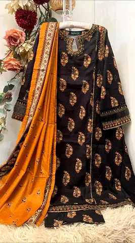 Black  Mustard Embroidered Salwar Kameez Set with Dupatta - Size M