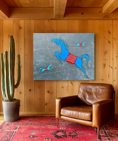 Original Contemporary Blue Horse Canvas Painting — Wall Art for Living Room 120x90cm
