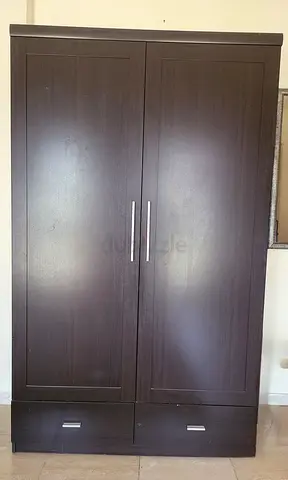 Wardrobe Dark Wood 2-Door  with 3 shelves-Hanger-Mirror  Bottom Drawers