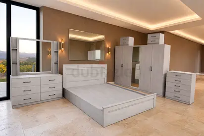 Brand New Complete 6-Piece Light Grey Bedroom Set — Bed, Wardrobe, Dresser, Nightstand  Mirror