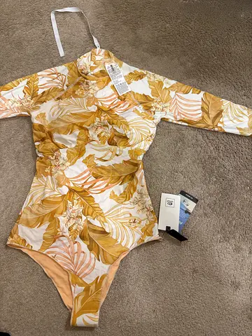 Women’s Long Sleeve One-Piece Swimsuit - Beige Leaf Print, New with Tags