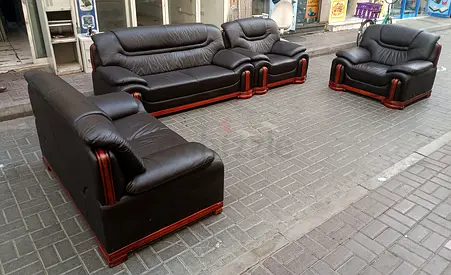 Dark Brown Leather Sofa Set 3+2+1 with Wooden Accents