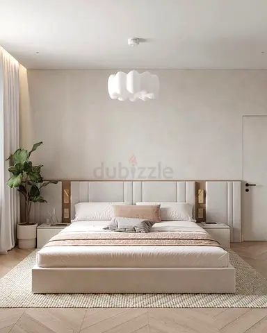 Modern Beige Upholstered Bed Frame with Headboard