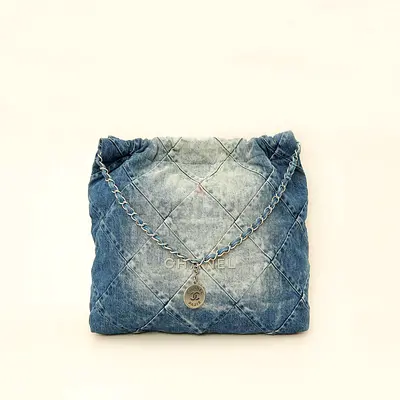 Authentic Chanel Blue Denim Chanel 22 Small Bag