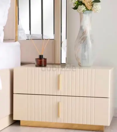 Cream Gloss Two-Drawer Nightstand with Gold Base and Handles
