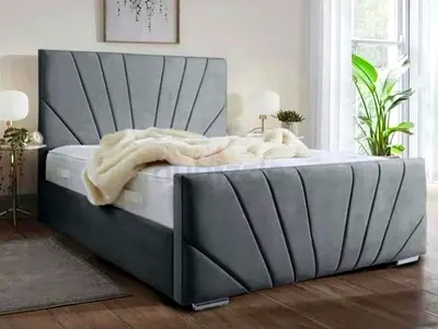 Grey Upholstered Bed Frame with Padded Headboard and Footboard