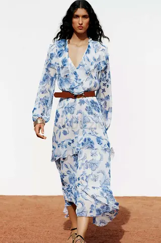 Zara Blue  White Printed Midi Ruffle Dress with Belt