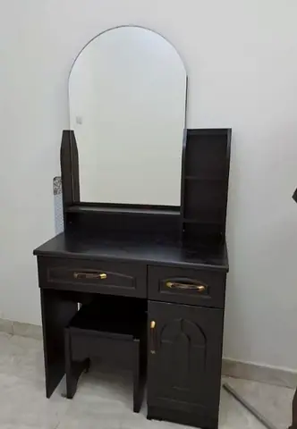Dark Wood Dressing Table with Mirror, Stool and Side Shelves