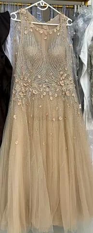 Beige Embellished Tulle Evening Dress - Size Approx S/M