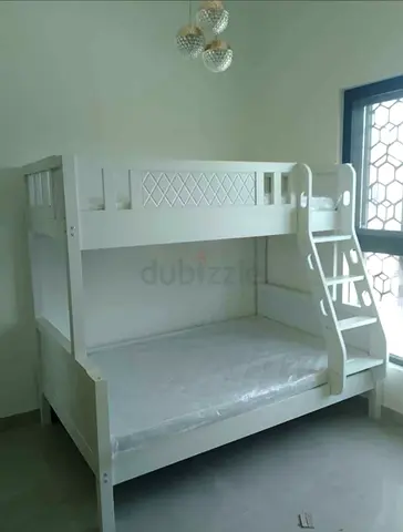 White Wooden Bunk Bed - Double Bed with Top Bunk and Ladder