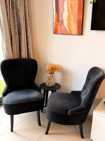 Pair of Black Velvet Accent Chairs with Side Table
