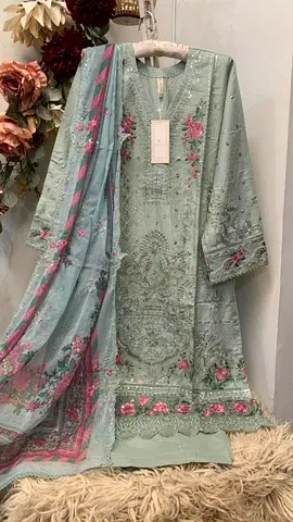 Light Mint Embroidered Lawn Suit with Floral Dupatta - Size M