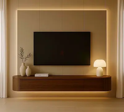 Wall-mounted floating TV console - modern walnut finish