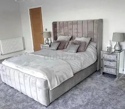 Brand new Grey Velvet Upholstered Double Bed with Padded Headboard -