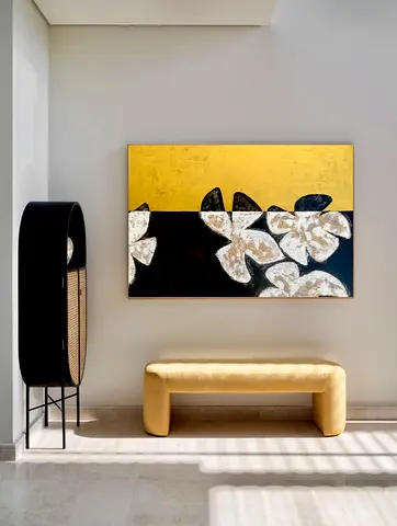 Large Abstract Floral Painting in Gold, Black and White 150x100cm
