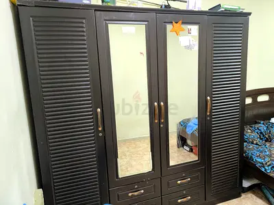 Dark Wood 4-Door Wardrobe with Mirror and Drawers