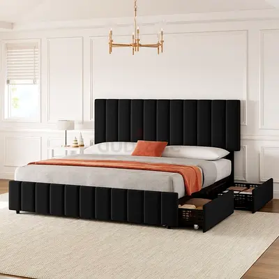 King Size Upholstered Bed Frame with Storage Drawers - Black
