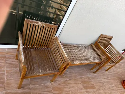 Used Outdoor Teak Bench Set with Two Chairs — Weathered Finish