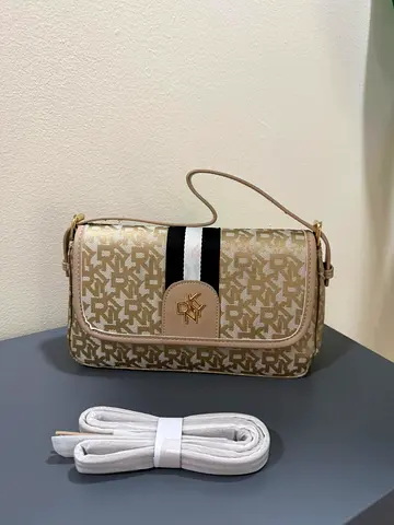 DKNY Beige Monogram Shoulder Bag with Detachable Strap