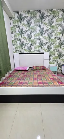 Queen Bed with Headboard and Colorful Mattress — Good Condition.  The Size is 200x200 cm. Storage.