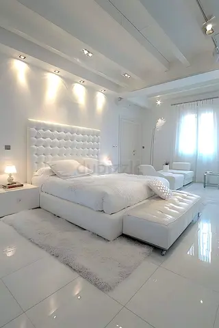 Modern All-White Upholstered Bed with Bench and Rug - Complete Bedroom Set