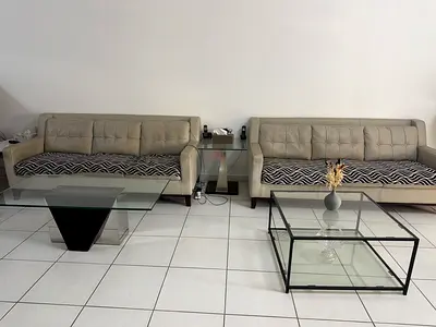 6 seater sofas Pair of brown leather tufted armless lounge chairs - good condition